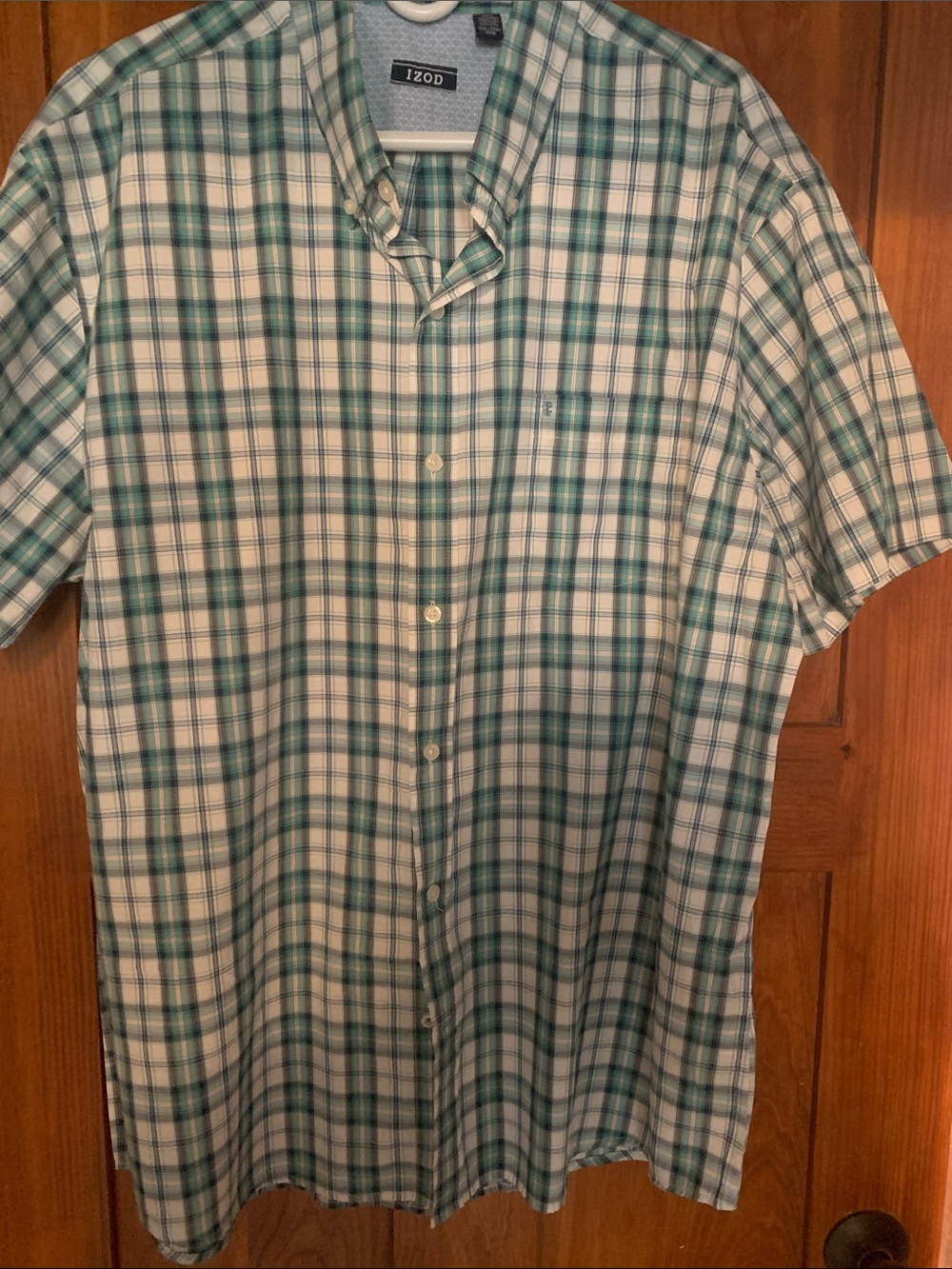 Izod White and Green Plaid Short-Sleeve Button-Down Shirt, size XXL